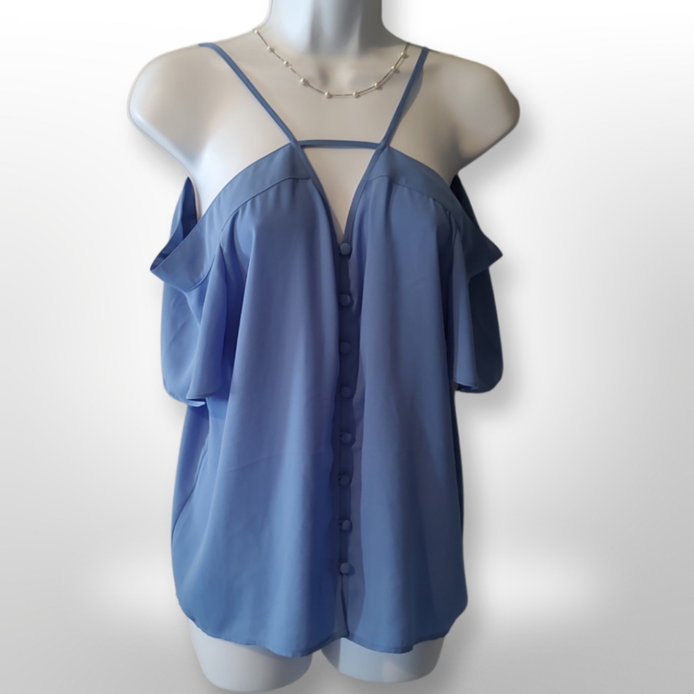 Express Off Shoulder V Cut Button Down Tank, Size XS, Periwinkle Blue